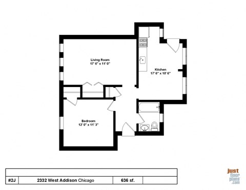 Floor plan for 1 bed, 1 bath, 728 sqft